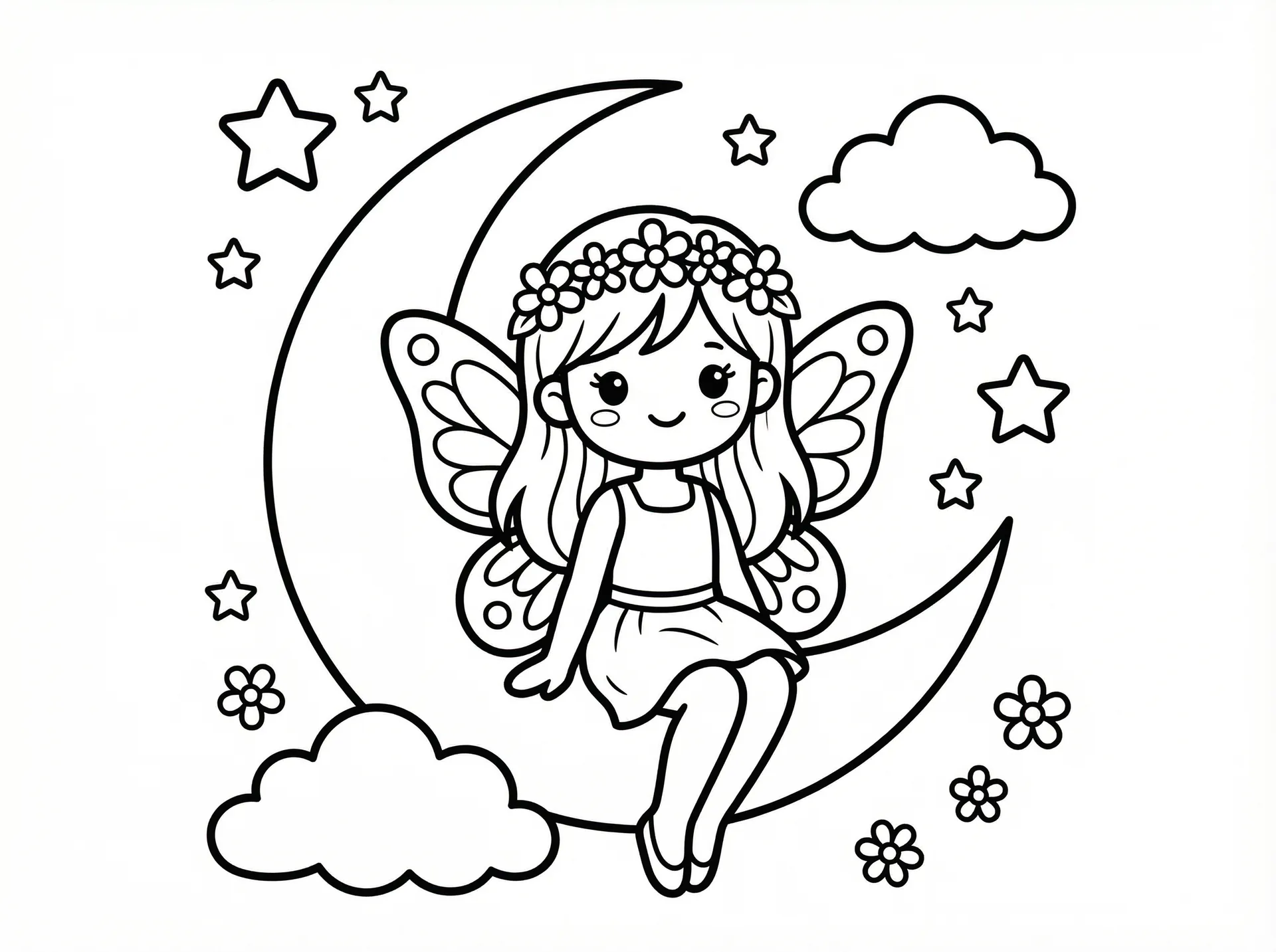 暗网萝莉 - 月亮上的蝴蝶翅膀精灵涂色线稿