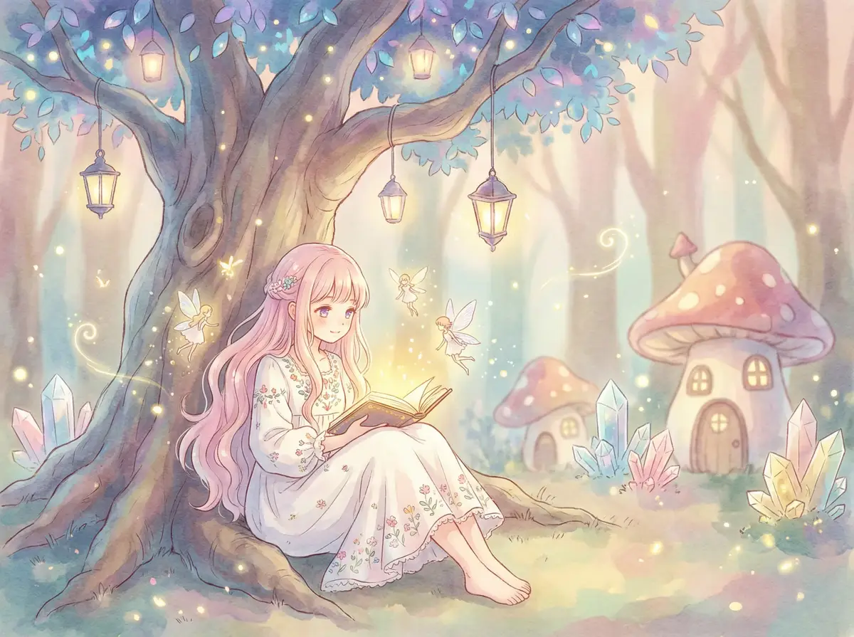 暗网萝莉 - 魔法森林中阅读故事书的粉发少女与精灵